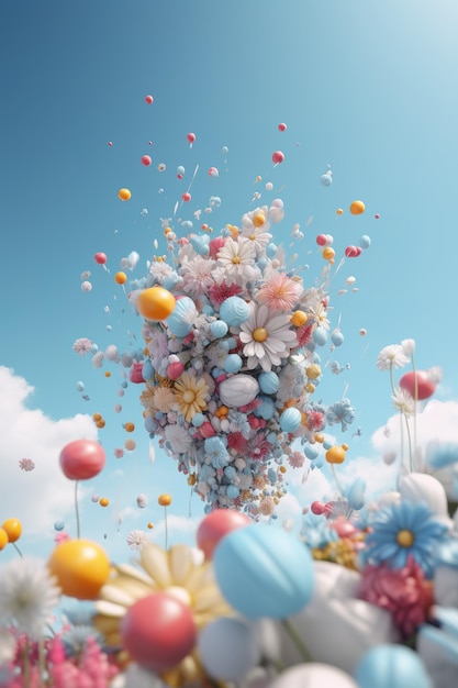 a swarm of balloons freefloating in the atmosphere