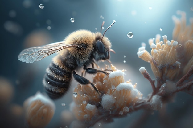 꽃에서 꿀을 모으는 꿀벌 떼