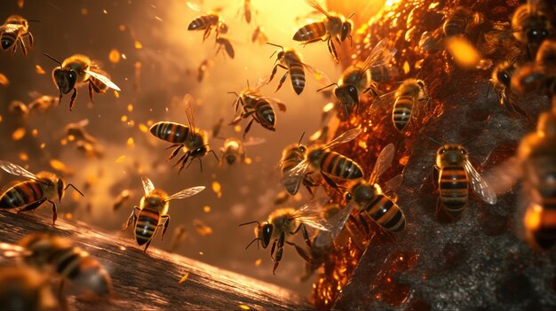 A swarm of bees flying around the hive generative ai