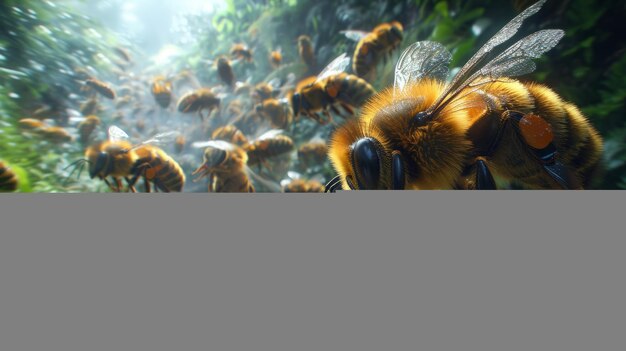 Photo a swarm of bees in a lush green forest