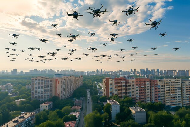 夏の朝都市上空にドローンの群れが集まっています