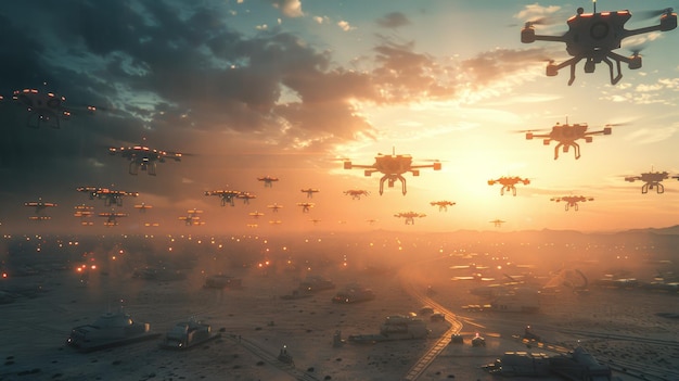 Swarm of drones hovering above a desert landscape at sunset