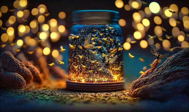 A swarm of fireflies twinkling in the dark