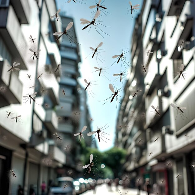 Swarm of Mosquitoes in Urban Canyon Perspective