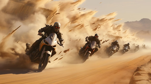 A swarm of motorcycles speeding through a desert lane
