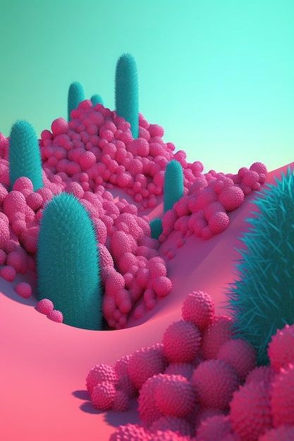 a swarm of pink and blue balls in the middle of a wasteland