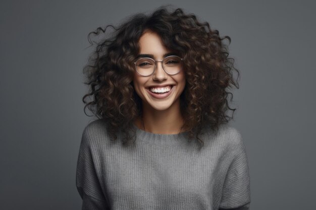 Swarthy Smiling Young Woman Shy Curly Spanish Girl In Grey Sweater On Grey Background Hispanic Woman in Glasses is Student Concept of Happiness and Joy Generative AI