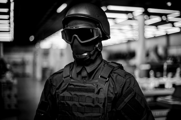 Swat in black uniform face mask and bulletproof vest black and\
white photo