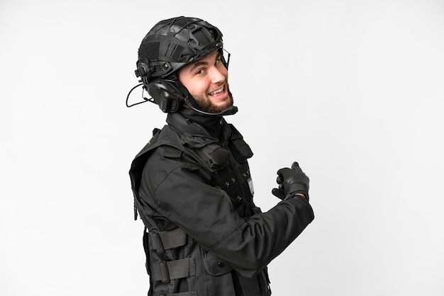 SWAT over isolated white background pointing back