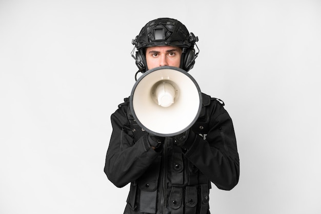 SWAT over isolated white background shouting through a megaphone