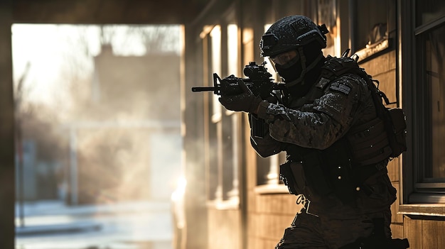 SWAT soldier entering building