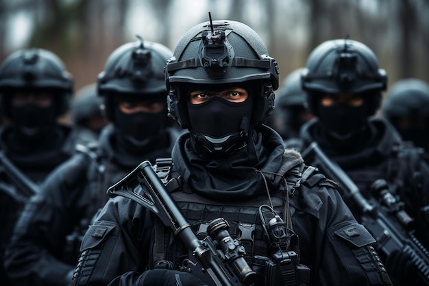 swat in tactical black uniforms against rioters