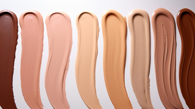 Photo swatches of liquid foundation makeup in different sk