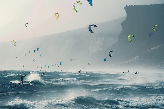 Photo sway with the coastal winds as kitesurfers navigat generative ai