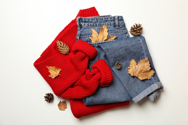 Sweater jeans cones and leaves