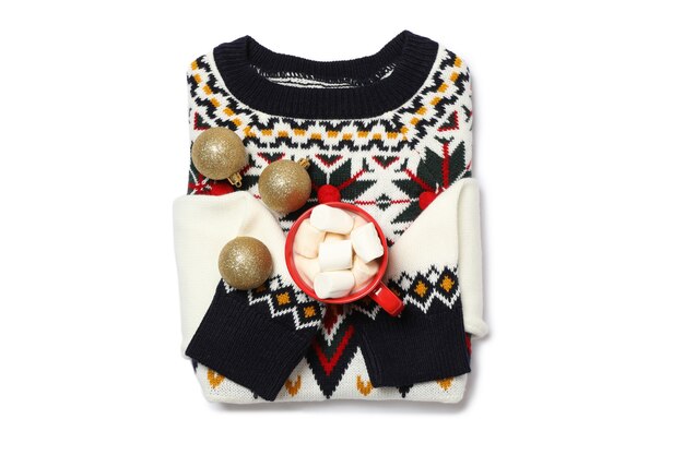 Sweater with cup of coffee and baubles isolated