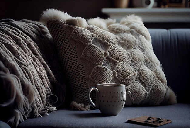 朝の背景とセーターとお茶 イラスト ジェネレーティブ AI