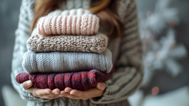 Sweaters in womans hands holding four sweaters