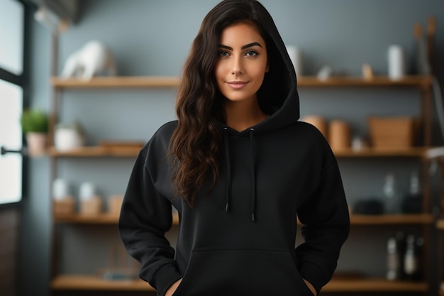 Photo sweatshirt hoodie mockup unrecognizable woman poses in a black sweatshirt against the background