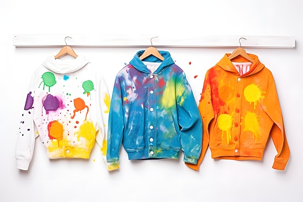 sweatshirts drenched in bright colors isolated on a white background a set of clothes jackets