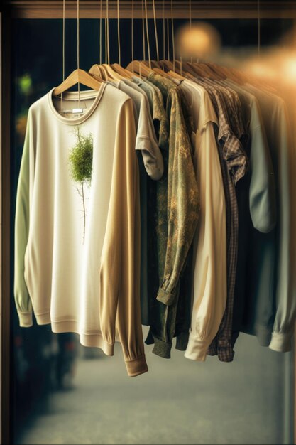 ジェネレーティブ AI 技術を使用して作成された店内のハンギング レールに自然模様のスウェットシャツ