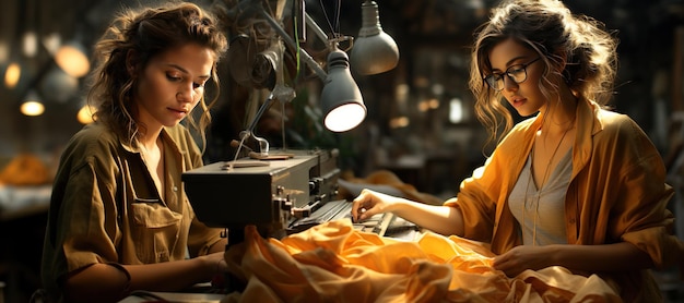 Sweatshop naaister: Een naaister werkt ijverig in een textielfabriek en naait kledingstukken op haar station.Gegenereerd met AI