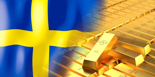 Sweden flag and gold ingots 3D illustration