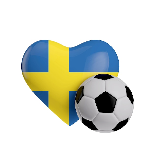 Sweden flag heart shape with a soccer ball Love football 3D Rendering