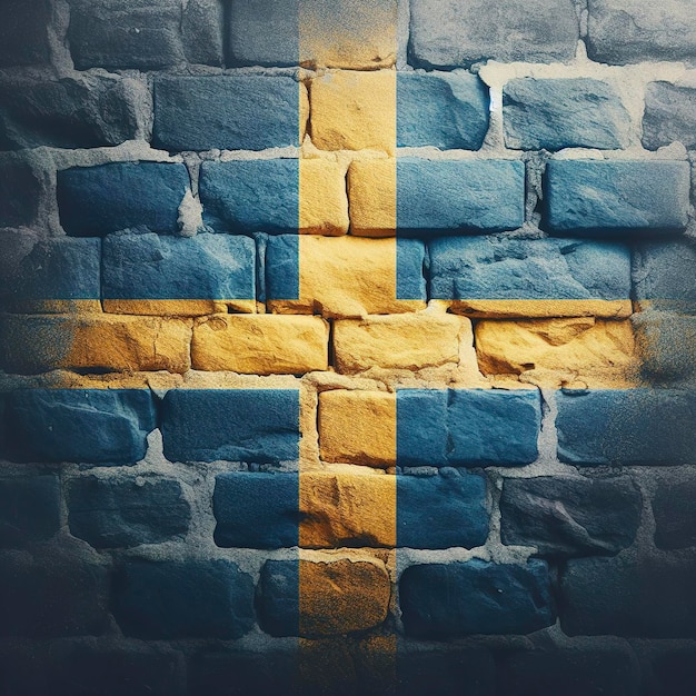 Sweden flag overlay on old granite brick and cement wall texture for background use