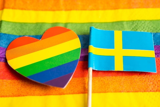 Sweden flag on rainbow background flag symbol of LGBT gay pride month social movement rainbow flag