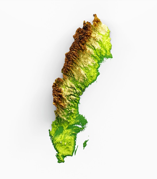 Sweden Map Shaded relief Color Height map on white Background 3d illustration