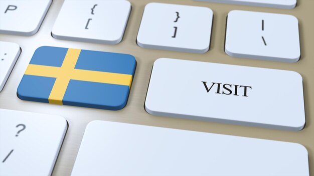 Photo sweden national flag and text visit on button visit country 3d illustration