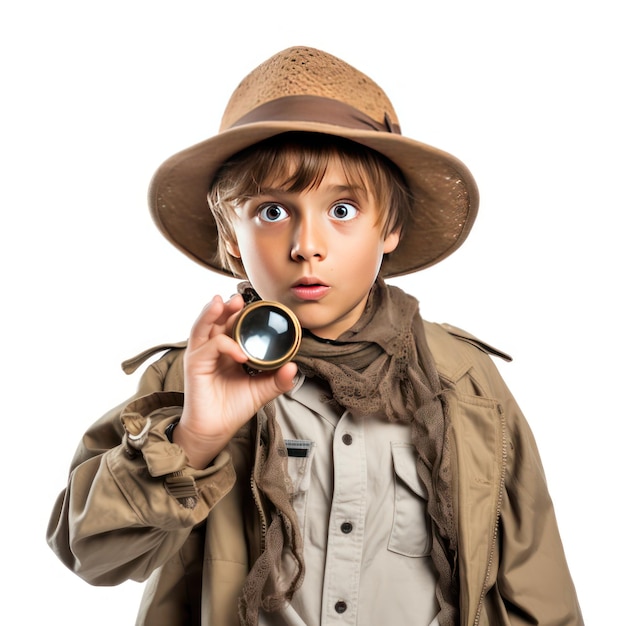 Photo swedish boy explorer with magnifying glass