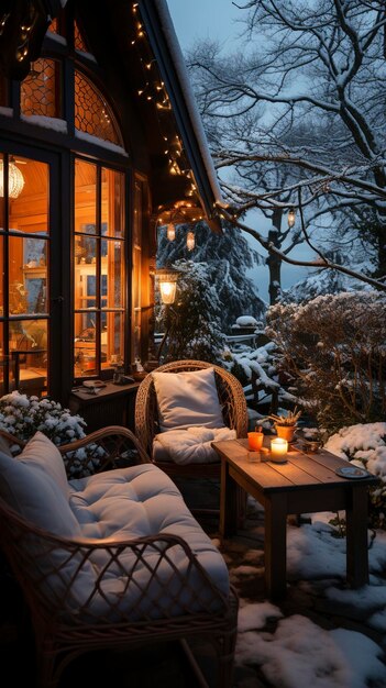 Photo swedish interior warm lighting and a stunning view of a small town in the snow