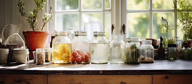 Photo swedish kitchen housing pitchers and glass jars