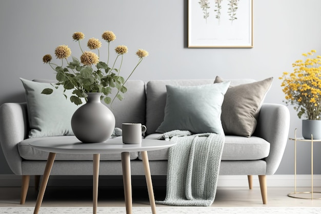 Swedish living room with grey couch and coffee table