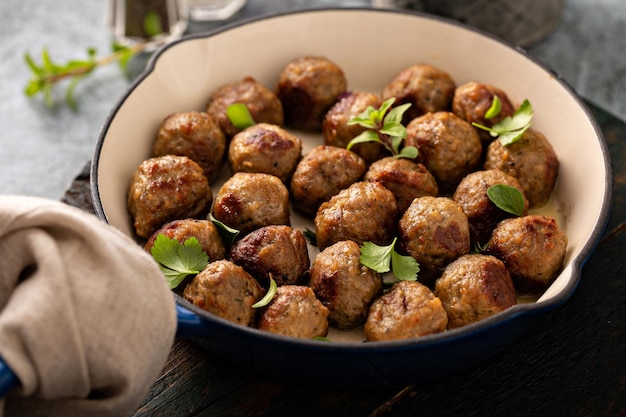 Swedish meatballs in a cast iron pan