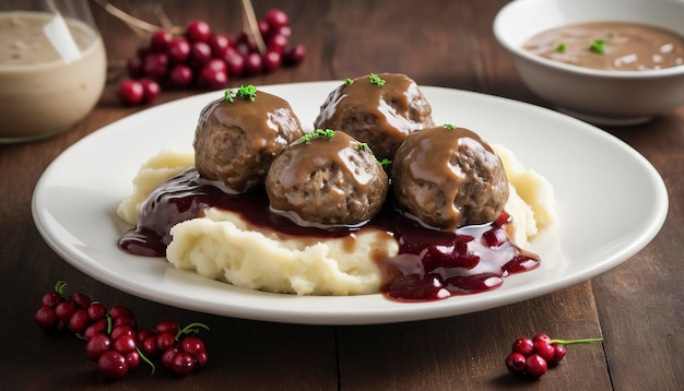 Photo swedish meatballs with mashed potatoes gravy and lingonberry jam