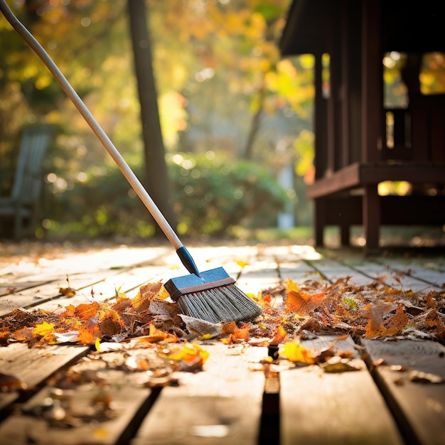 Photo sweeping fallen leaves off a wooden deck