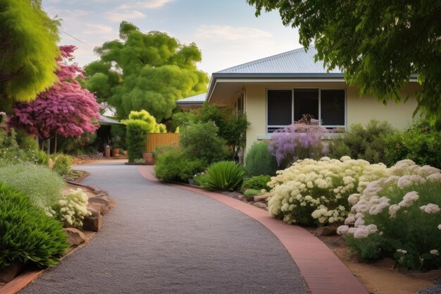 Sweeping gravel driveway curving around a flowering courtyard garden