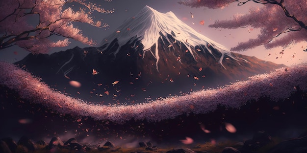 Sweeping high angle photography Mount Fuji and billowing scattered sakura petals AIGenerated