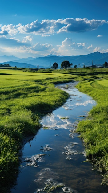 Широкая панорама зеленого рисового поля с рисом, качающимся на ветру. Создано с помощью генеративного ИИ.