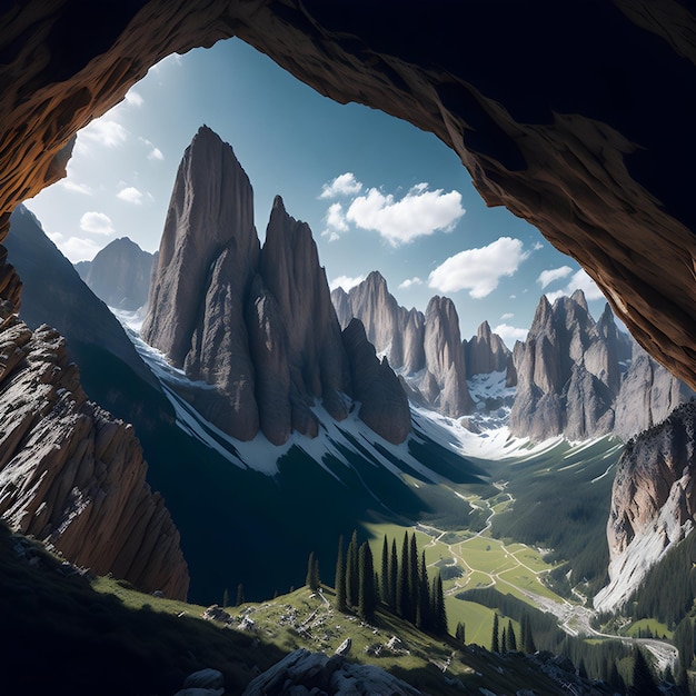 A sweeping panorama of the majestic Dolomites seen from the depths of a manmade cave