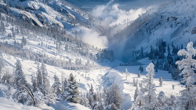 A sweeping panorama of a winter wonderland with frosted evergreen trees lining the valley floor and