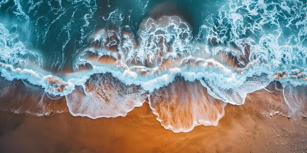 Sweeping waves on sandy beach captured from above aerial view vivid colors perfect for vacation and nature themes AI