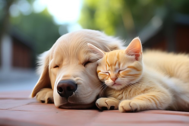 Sweet and adorable kitty cuddling with a cute and playful puppy on a bright living room couch