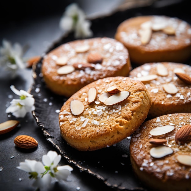 Sweet almond cookies on black wooden table Black background Top view Generative Ai