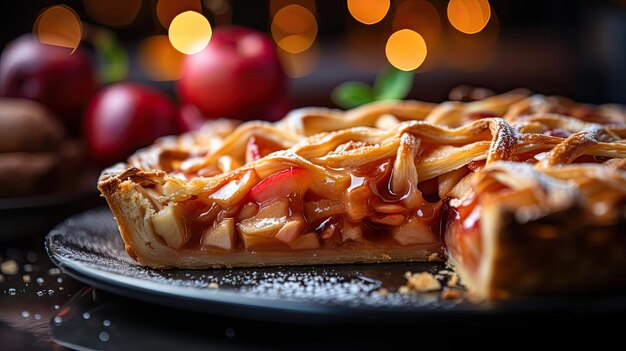 Фото Сладкий яблочный пирог с белым сахаром на деревянном подносе и размытым фоном