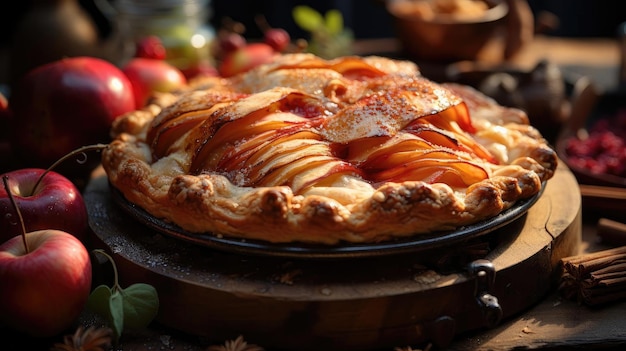 sweet apple pie with white sugar sprinkles on a wooden tray and blurred background