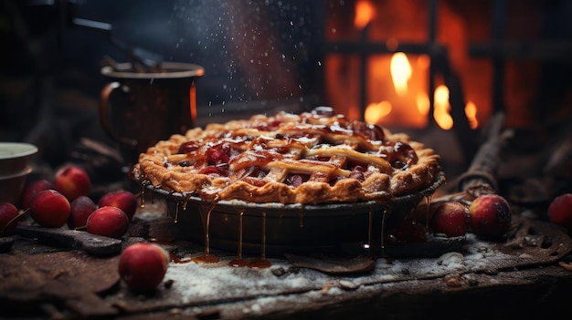 Sweet apple pie with white sugar sprinkles on a wooden tray and blurred background